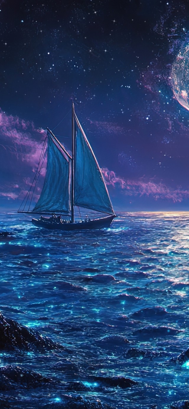 紫色月夜的流浪帆船