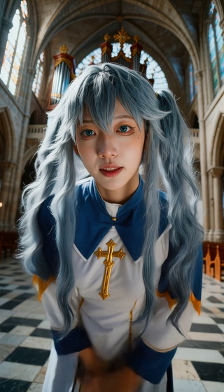 蓝发教廷少女，可爱手势舞