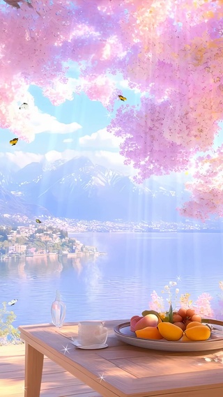 欣赏樱花树木海景