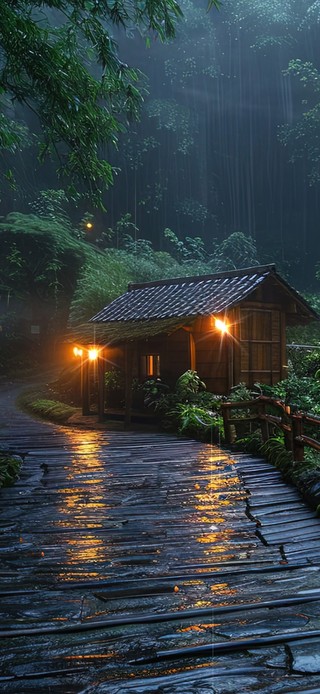 夜晚森林雨