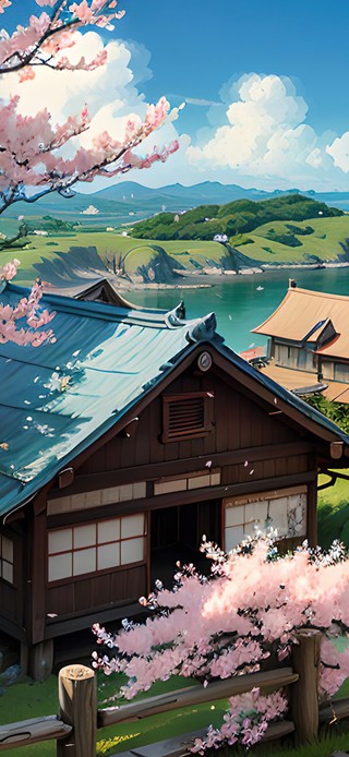 4K唯美治愈日系樱花村庄海景