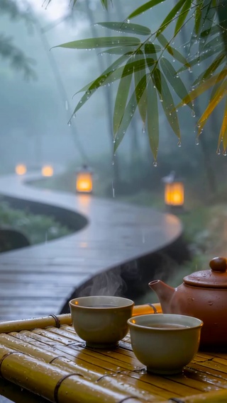 放松雨景林间小路
