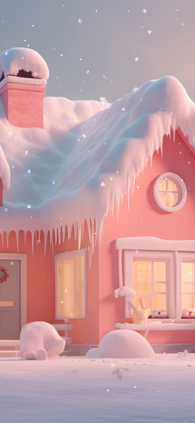 雪天可爱粉色小屋