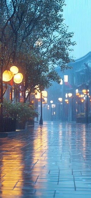 雨夜无人静谧古镇街道