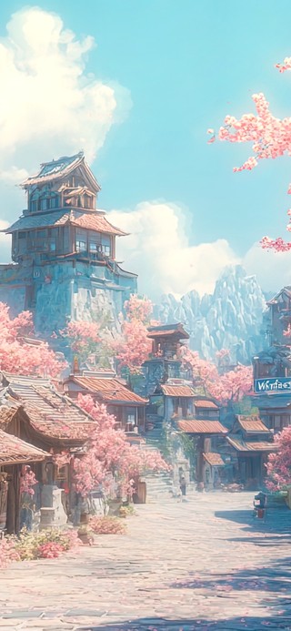 春日樱花蓝天小镇风景