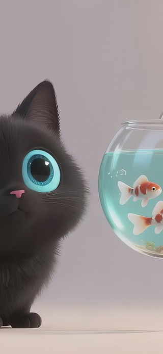 可爱小黑猫的鱼缸