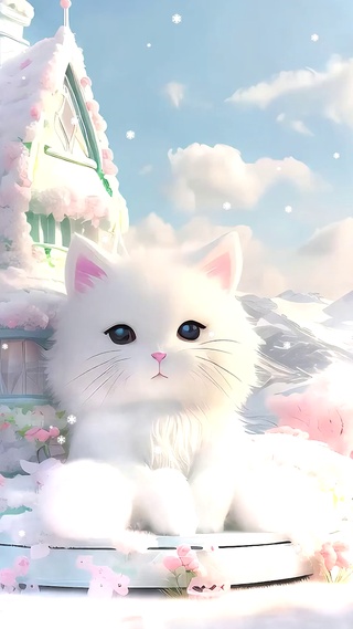 雪景树木小屋猫咪