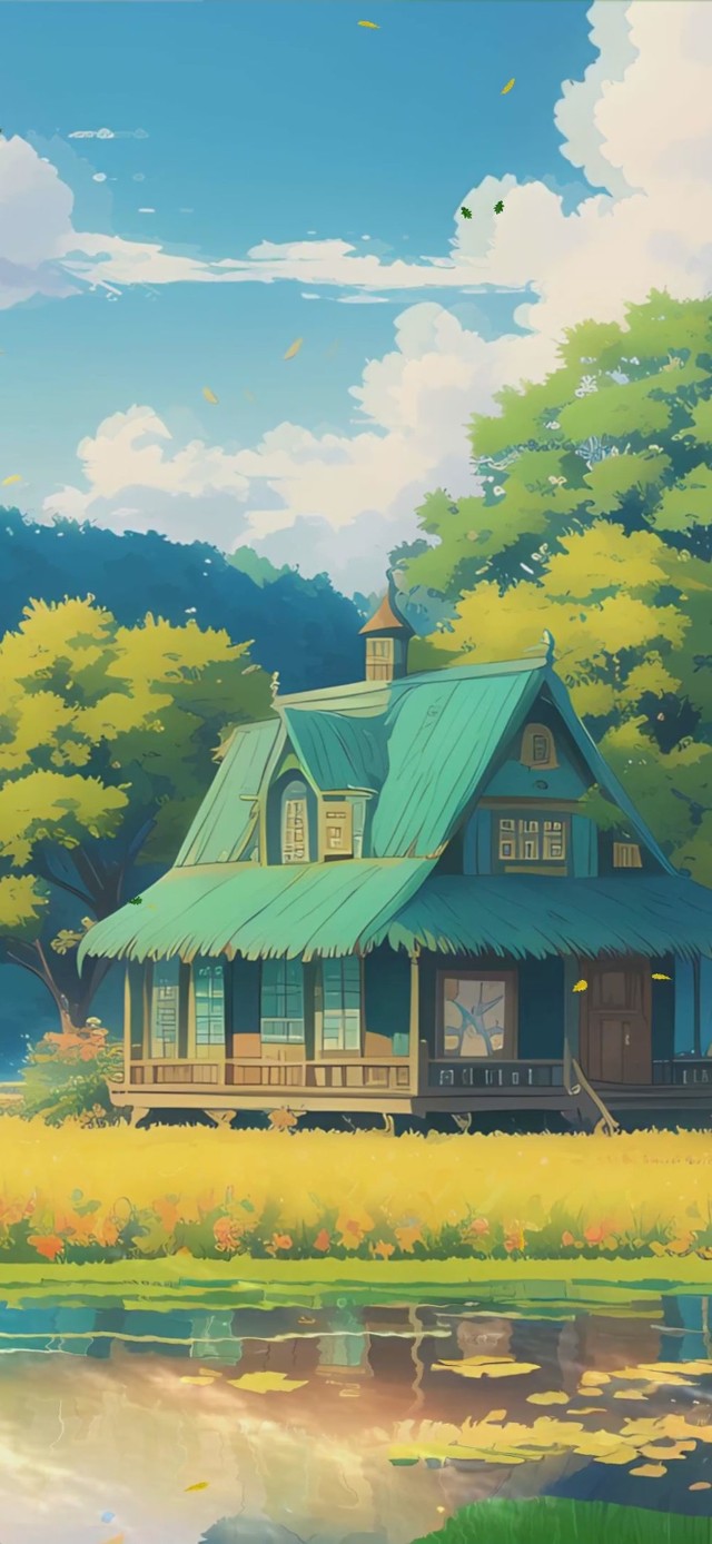 唯美蓝天白云房屋树木景色