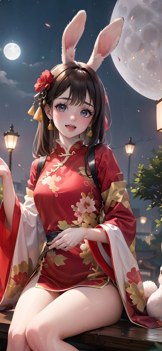 月下兔耳旗袍少女