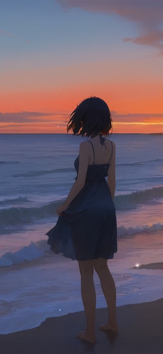 唯美海景治愈夕阳女孩