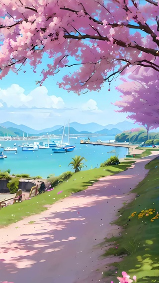 白云樱花树木海景