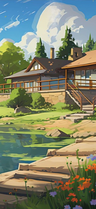 蓝天白云河流树木景色