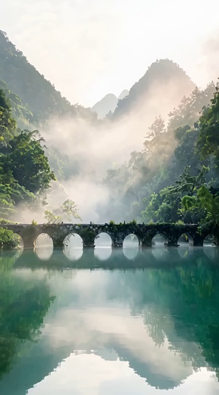古桥雾山倒影
