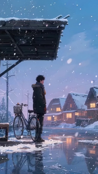 雪天小镇男孩