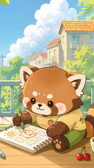 夏日窗边画画的小熊猫