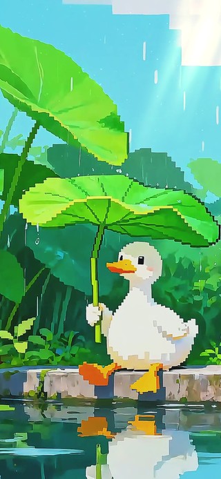 荷叶下躲雨的鸭鸭