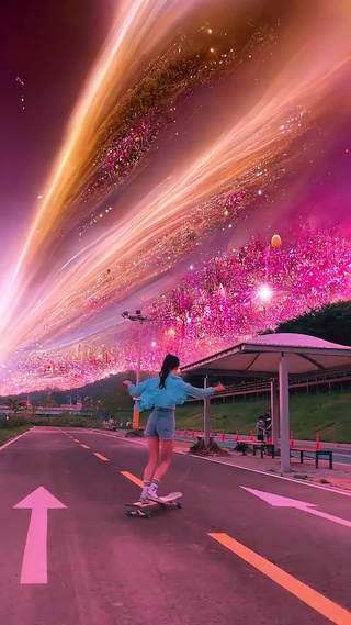 极光下的滑板少女
