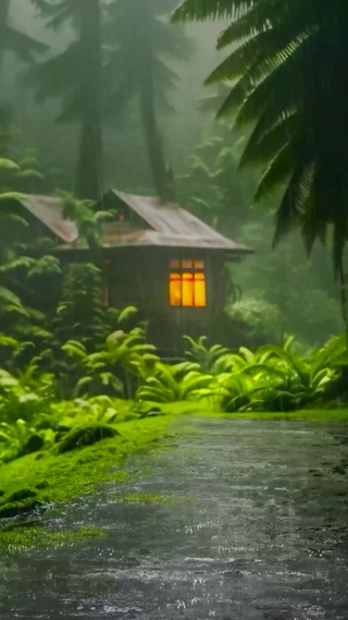 雨天树林小屋