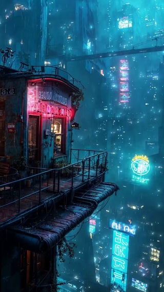 未来雨夜城市阁楼