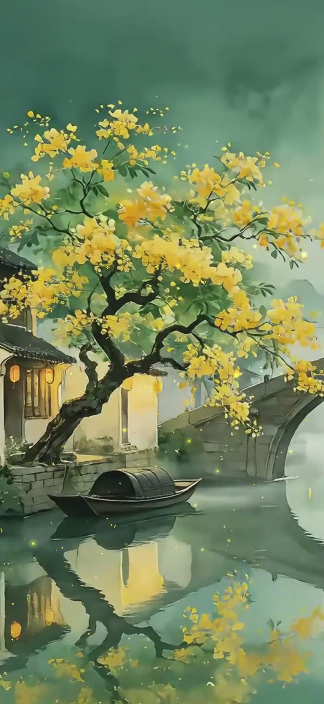 古镇月夜湖水
