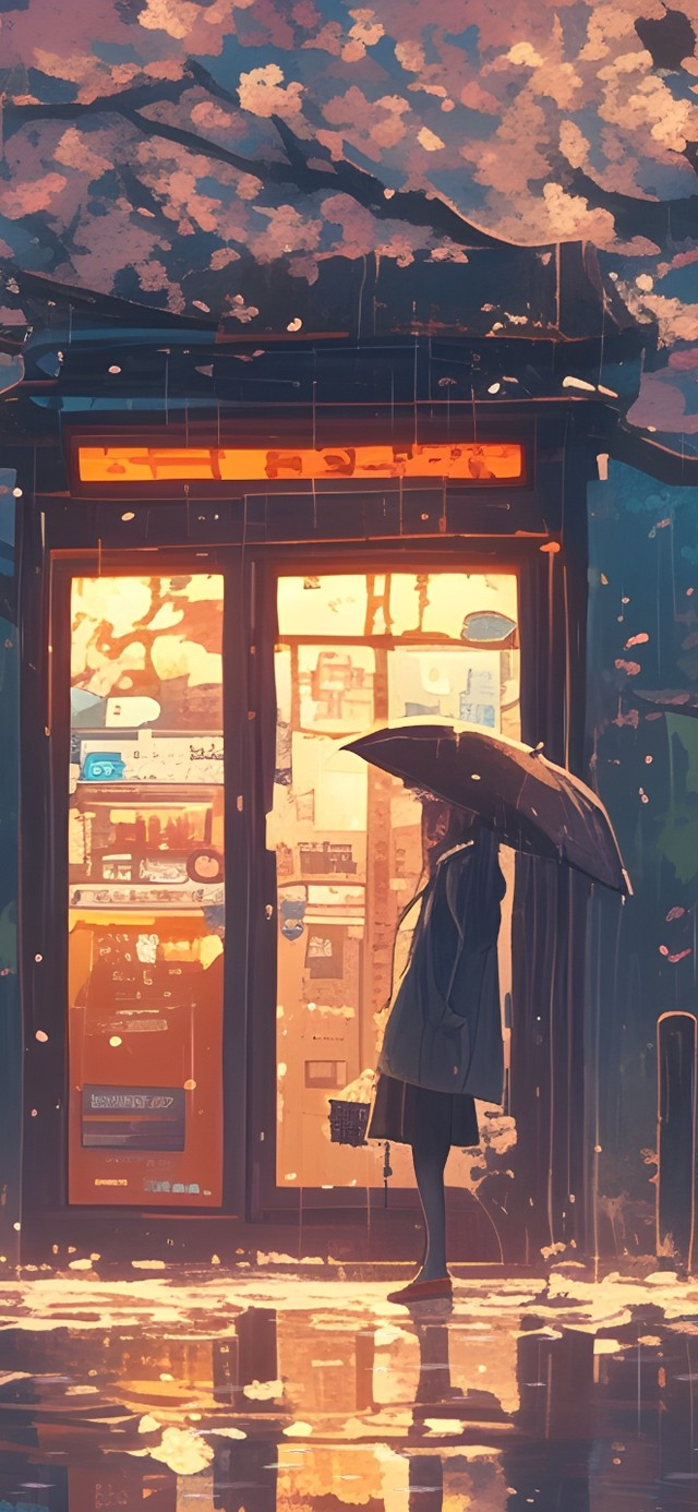 夜雨中樱花树下女孩