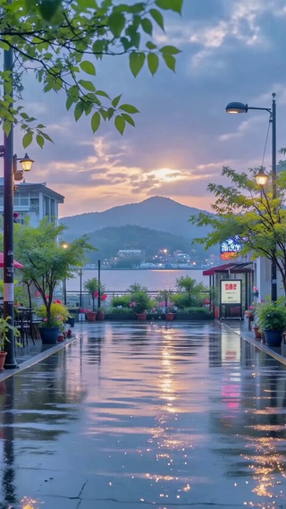 雨后治愈湖畔街道黄昏美景