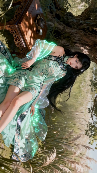 户外闲坐的古风旗袍美女
