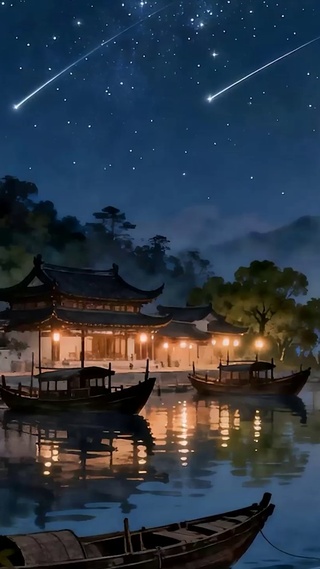 夜景树木河流