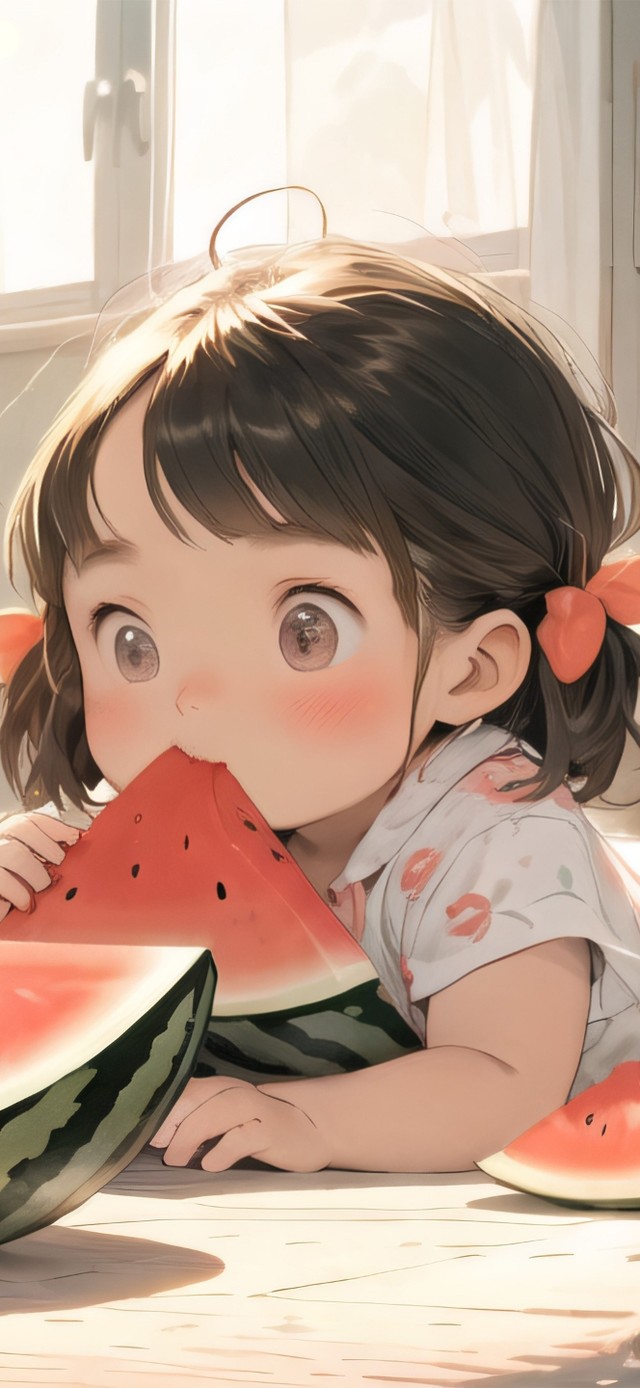 炎炎夏日吃西瓜女孩