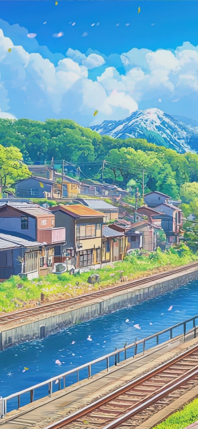 蓝天白云树木樱花河流