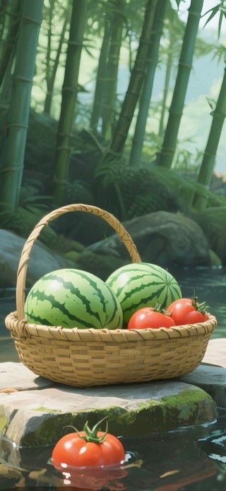 竹林溪边竹篮