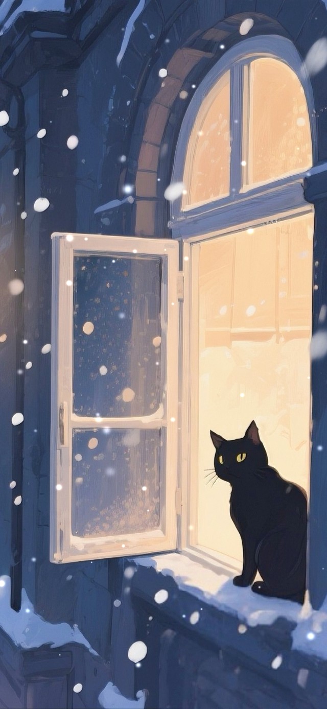 雪中窗边猫咪