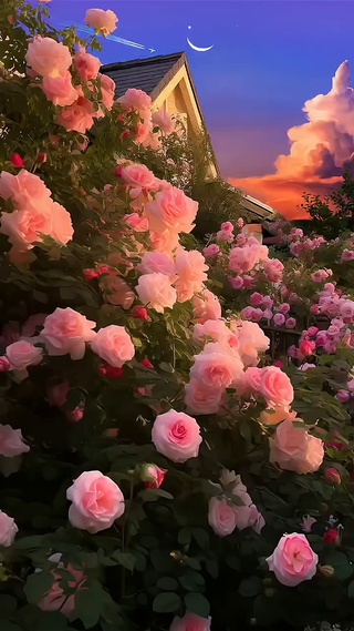 晚霞下的蔷薇花