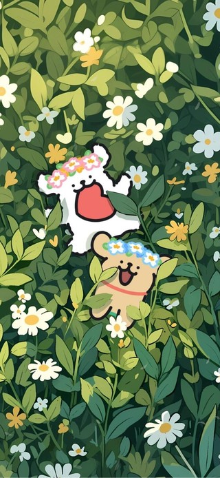 可爱的线条小狗躺在绿色草地上