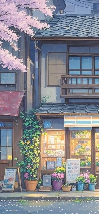 春夜樱花树下花店