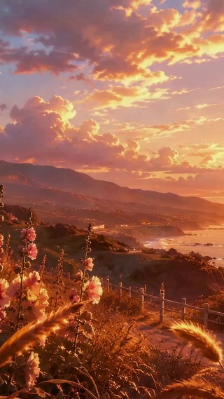 日落海岸浪漫花海
