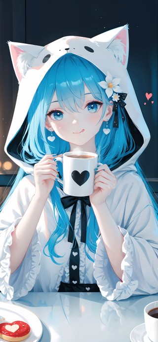可爱猫耳服喝咖啡少女
