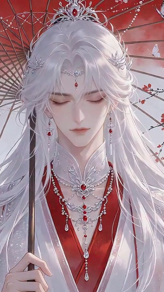 紫藤花下执伞白发少年