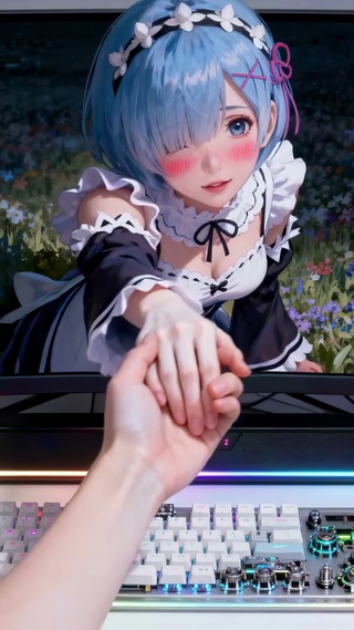 蓝发花海雷姆穿越屏幕与主人互动