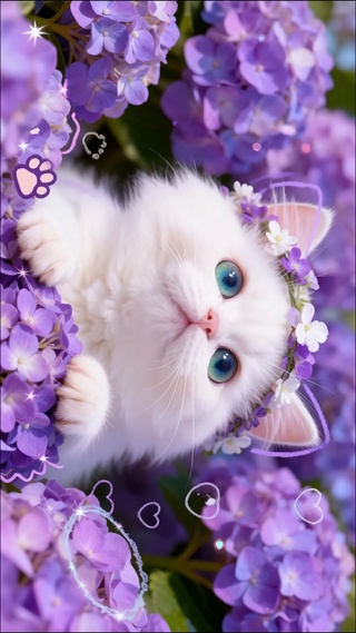 萌宠花丛小白猫