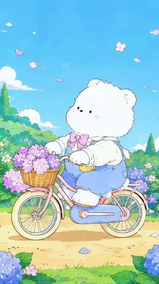 绣球花海里的骑行小熊