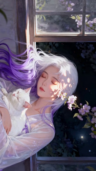 光影里的少女和白猫