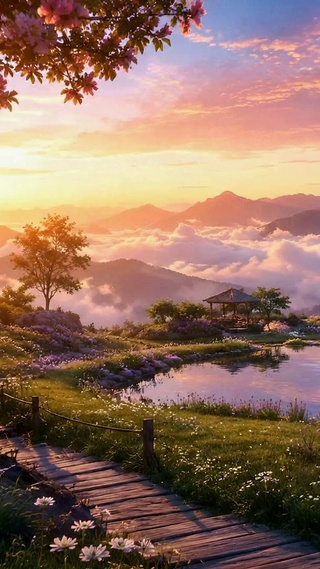 日落云海山间花海治愈风景