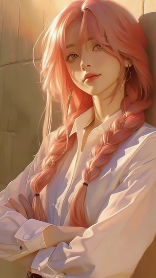 夕阳光下的粉发少女