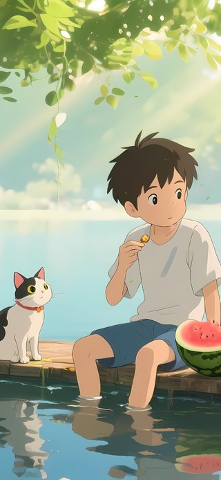 湖面木桥上吃西瓜