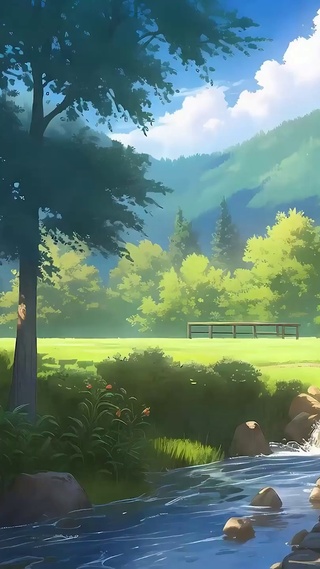 护眼蓝天白云树木河流