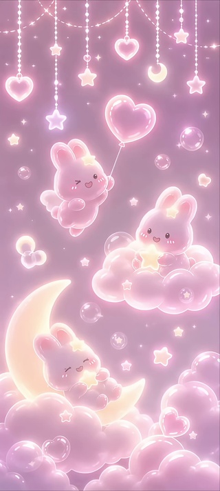梦幻粉蓝星空与兔子