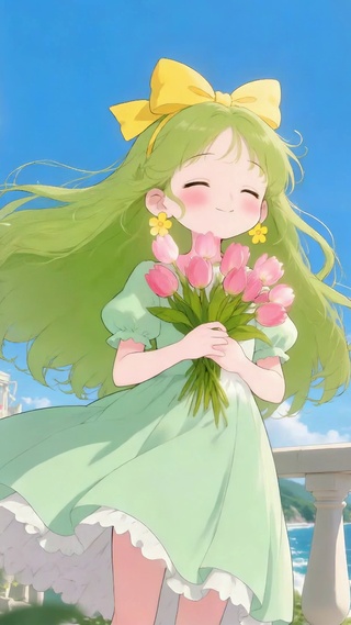 海边捧花可爱女孩