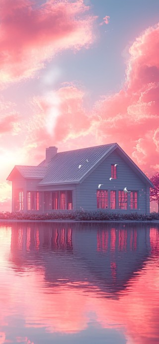 水镜晚霞小屋