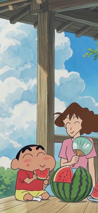 凉亭下纳凉的小新一家